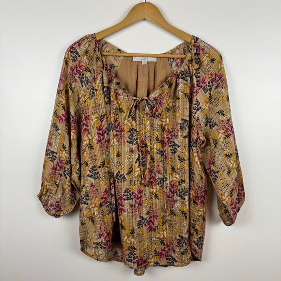 Loft Womens Floral Tie Neck Blouse in Amber Sz M Office Boho Casual Peasant Fall - Picture 4 of 16